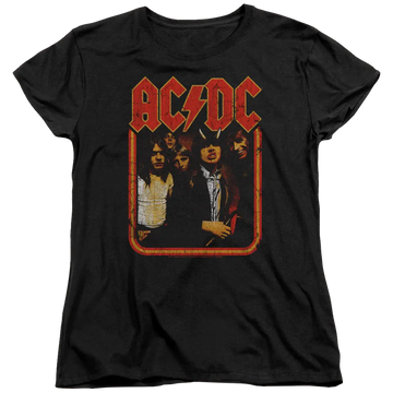 Black women's t-shirt with distressed red AC/DC logo and vintage band photo on front.
