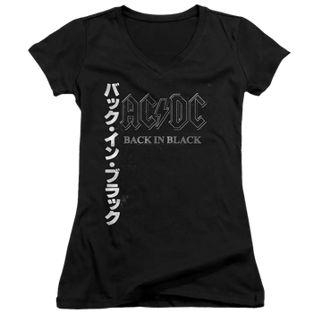 Black juniors V-neck t-shirt with AC/DC Back In Black logo and white vertical Japanese text on left side.