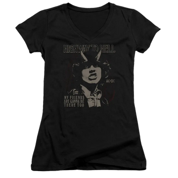Black juniors V-neck t-shirt with AC/DC "Highway to Hell" graphic and text on front.