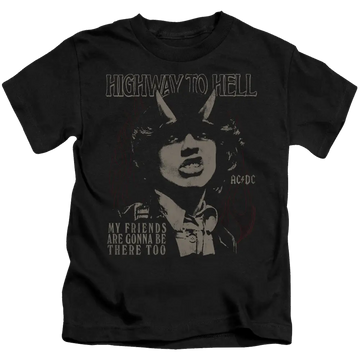 Black kid's t-shirt with vintage AC/DC "Highway to Hell" graphic and band member portrait.