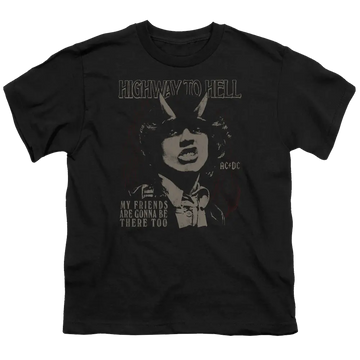 Black youth t-shirt for ages 8 to 12 with AC/DC My Friends graphic