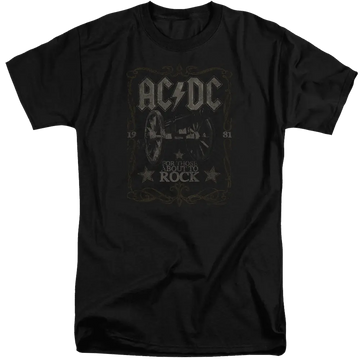 Black men's tall fit t-shirt with AC/DC Rock Label graphic