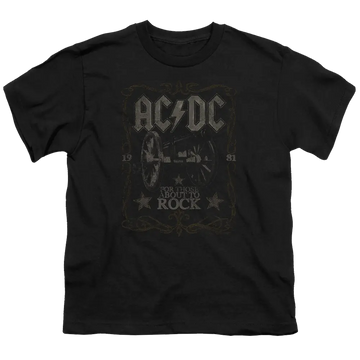 Black youth t-shirt for ages 8 to 12 with AC/DC Rock Label graphic
