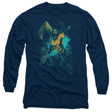 Navy men's long sleeve t-shirt with Aquaman Movie Make A Splash graphic