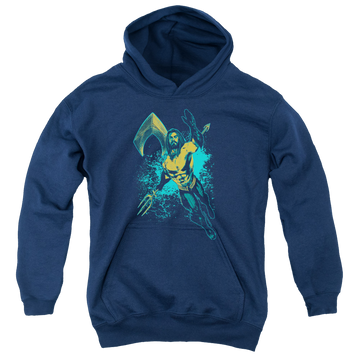 Navy youth hoodie for ages 8 to 12 with Aquaman Movie Make A Splash graphic