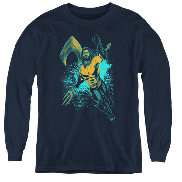 Navy youth long sleeve t-shirt with Aquaman Movie Make A Splash graphic