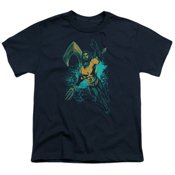 Navy youth t-shirt for ages 8 to 12 with Aquaman Movie Make A Splash graphic