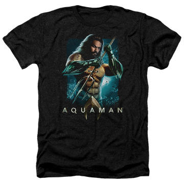 Charcoal men's heather t-shirt with Aquaman Movie Trident graphic