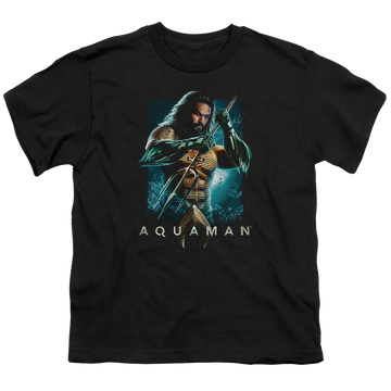Black youth t-shirt for ages 8 to 12 with Aquaman Movie Trident graphic
