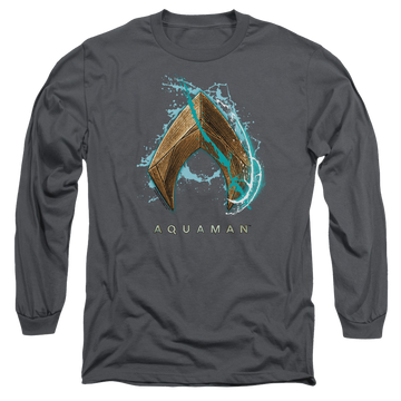 Charcoal men's long sleeve t-shirt with Aquaman Movie Water Shield graphic