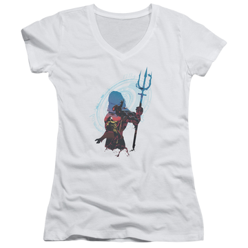 White juniors v-neck t-shirt with Aquaman Movie Silhouette graphic