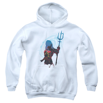 White youth hoodie for ages 8 to 12 with Aquaman Movie Silhouette graphic
