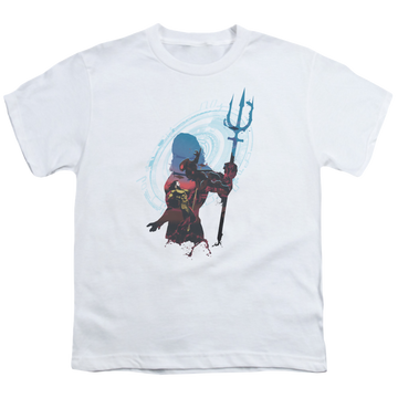 White youth t-shirt for ages 8 to 12 with Aquaman Movie Silhouette graphic