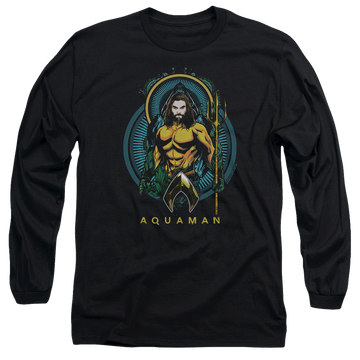 Black men's long sleeve t-shirt with Aquaman Movie Aqua Nouveau graphic