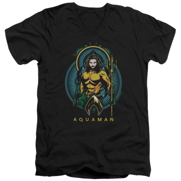 Black men's v-neck t-shirt with Aquaman Movie Aqua Nouveau graphic