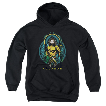 Black youth hoodie for ages 8 to 12 with Aquaman Movie Aqua Nouveau graphic