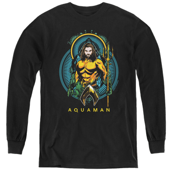 Black youth long sleeve t-shirt with Aquaman Movie Aqua Nouveau graphic