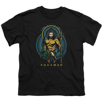 Black youth t-shirt for ages 8 to 12 with Aquaman Movie Aqua Nouveau graphic