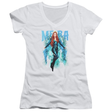 White juniors v-neck t-shirt with Aquaman Movie Mera graphic
