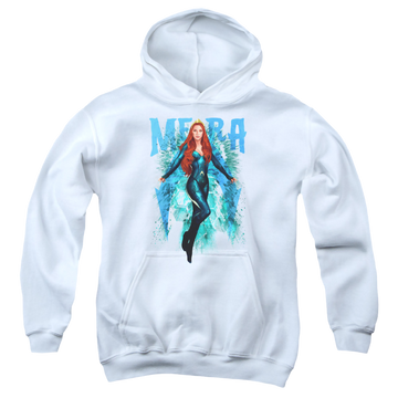 White youth hoodie for ages 8 to 12 with Aquaman Movie Mera graphic