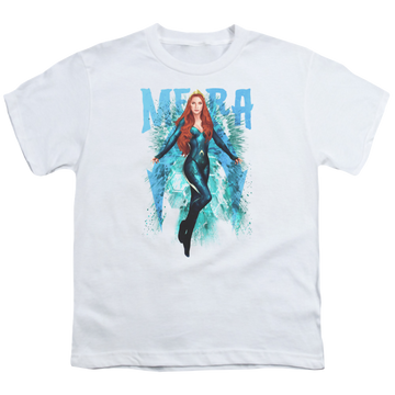 White youth t-shirt for ages 8 to 12 with Aquaman Movie Mera graphic