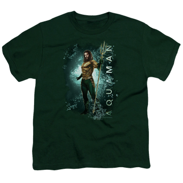 Hunter green youth t-shirt for ages 8 to 12 with Aquaman Movie Marine Life graphic