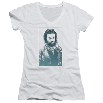White juniors v-neck t-shirt with Aquaman Movie Salt Of The Sea graphic