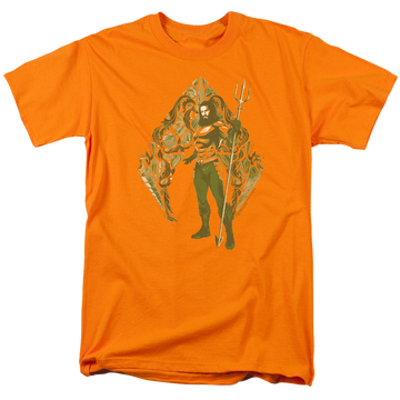 Orange men's regular fit t-shirt with Aquaman Movie Shells graphic