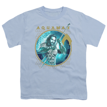 Light blue youth t-shirt for ages 8 to 12 with Aquaman Movie Trident Of Neptune graphic