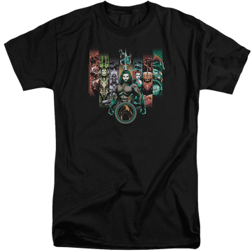 Black men's tall fit t-shirt with Aquaman Movie Unite The Kingdoms graphic