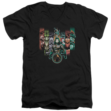 Black men's v-neck t-shirt with Aquaman Movie Unite The Kingdoms graphic