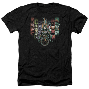 Charcoal men's heather t-shirt with Aquaman Movie Unite The Kingdoms graphic
