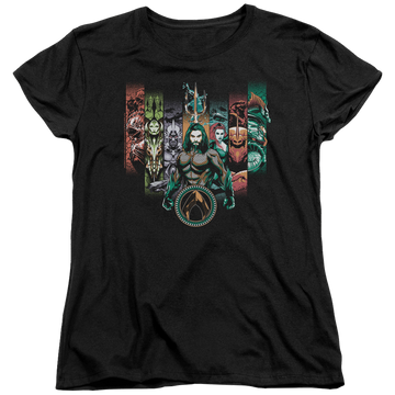 Black women's t-shirt with Aquaman Movie Unite The Kingdoms graphic