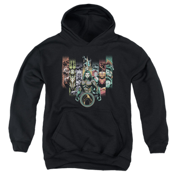 Black youth hoodie for ages 8 to 12 with Aquaman Movie Unite The Kingdoms graphic