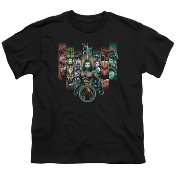Black youth t-shirt for ages 8 to 12 with Aquaman Movie Unite The Kingdoms graphic