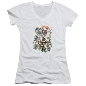 White juniors v-neck t-shirt with Aquaman Movie King Of Atlantis graphic