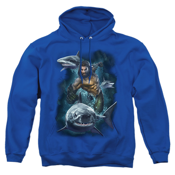 Black pullover hoodie with Aquaman Movie Swimming With Sharks graphic