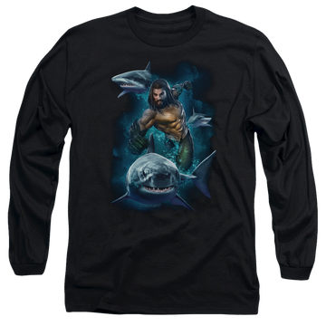 Black men's long sleeve t-shirt with Aquaman Movie Swimming With Sharks graphic