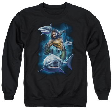Black men's crewneck sweatshirt with Aquaman Movie Swimming With Sharks graphic