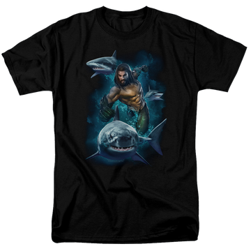 Black men's regular fit t-shirt with Aquaman Movie Swimming With Sharks graphic