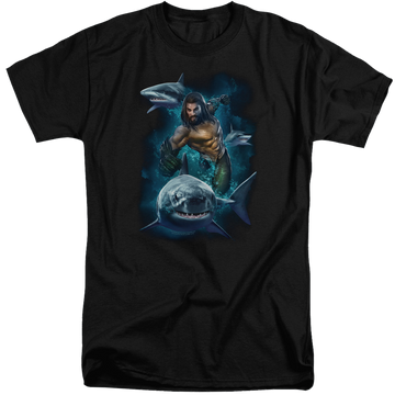 Black men's tall fit t-shirt with Aquaman Movie Swimming With Sharks graphic