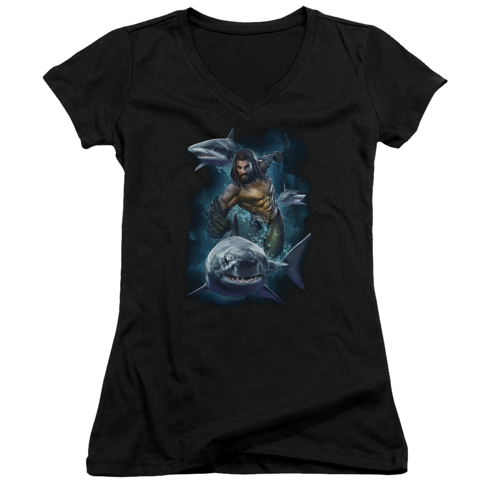 Aquaman Movie Swimming With Sharks - Juniors V-Neck T-Shirt Juniors V-Neck T-Shirt Aquaman   