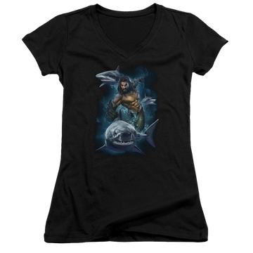 Black juniors v-neck t-shirt with Aquaman Movie Swimming With Sharks graphic