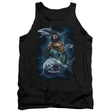Black men's tank with Aquaman Movie Swimming With Sharks graphic
