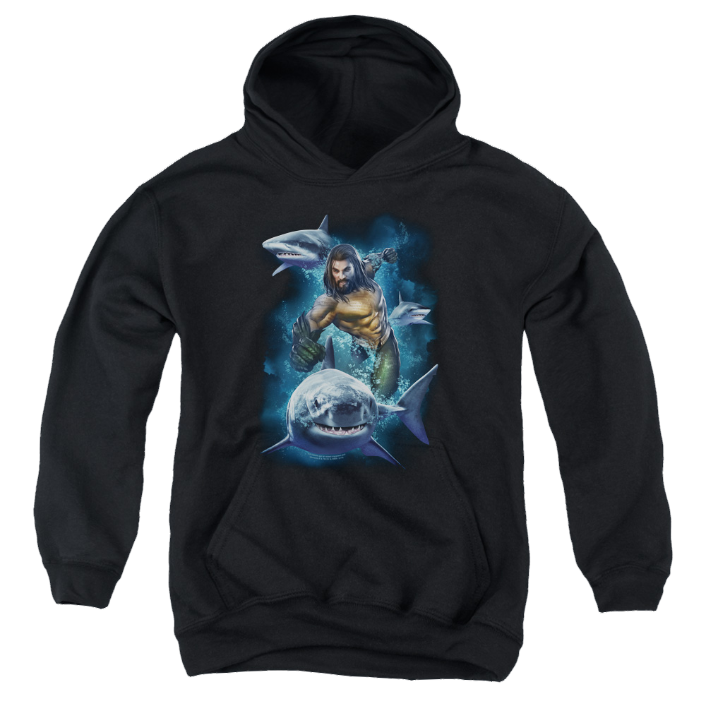 Aquaman Movie Swimming With Sharks - Youth Hoodie Youth Hoodie (Ages 8-12) Aquaman   