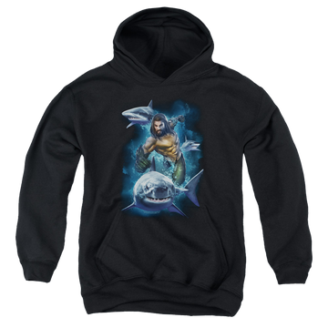 Black youth hoodie for ages 8 to 12 with Aquaman Movie Swimming With Sharks graphic