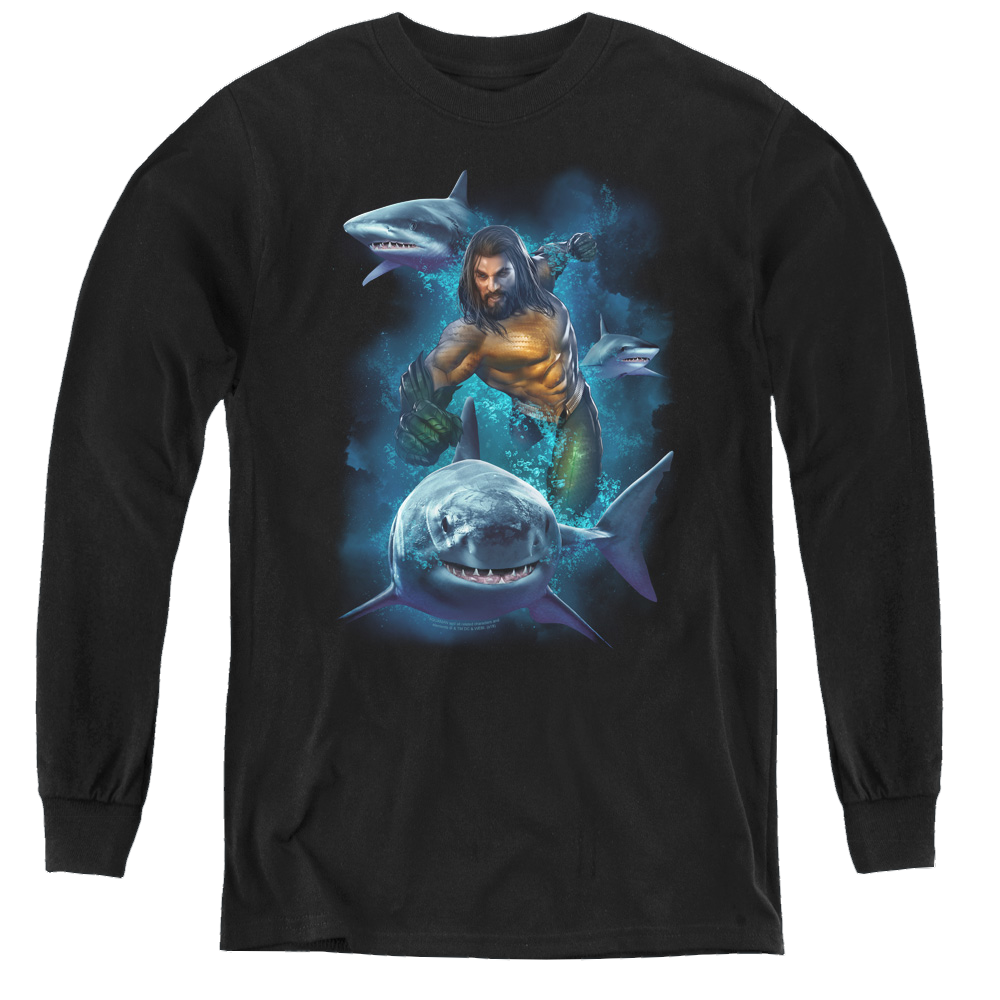 Aquaman Movie Swimming With Sharks - Youth Long Sleeve T-Shirt Youth Long Sleeve T-Shirt Aquaman   