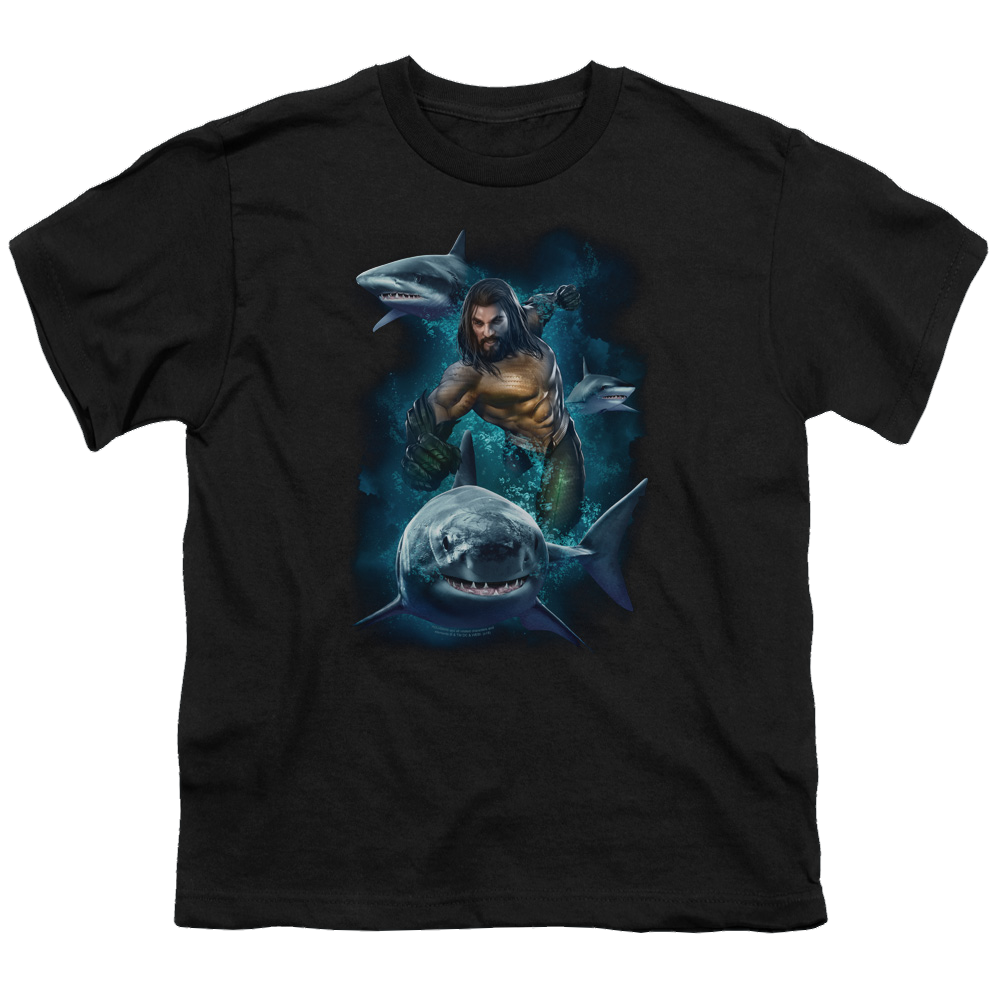Aquaman Movie Swimming With Sharks - Youth T-Shirt Youth T-Shirt (Ages 8-12) Aquaman   