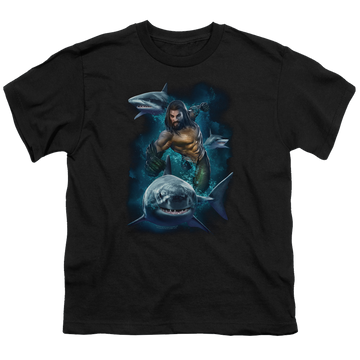 Black youth t-shirt for ages 8 to 12 with Aquaman Movie Swimming With Sharks graphic