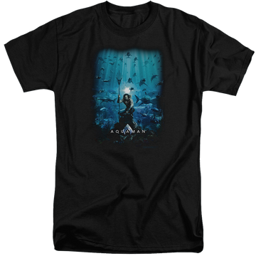 Black men's tall fit t-shirt with Aquaman Movie Poster graphic